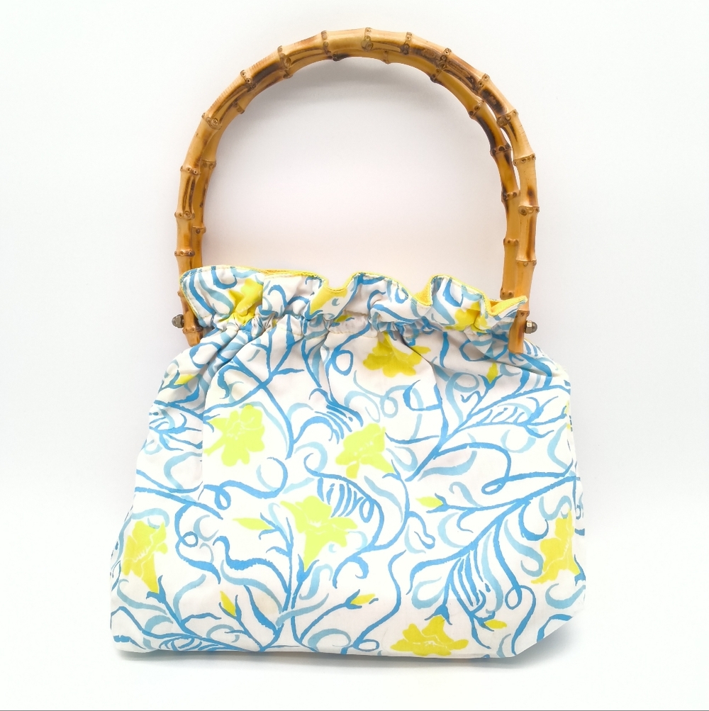 Vintage MCM Reversible Blue and Yellow Fabric Handbag - Round Bamboo Handles